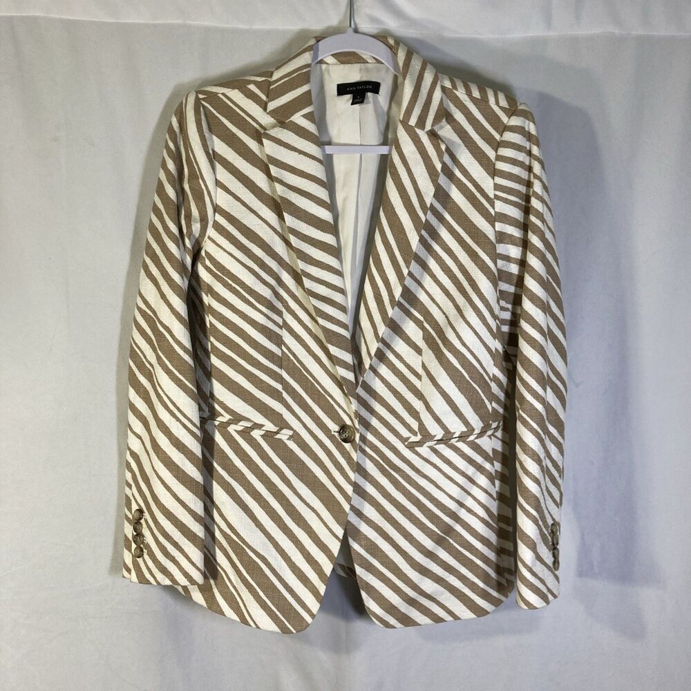 ANN TAYLOR white tan striped button up blazer 8